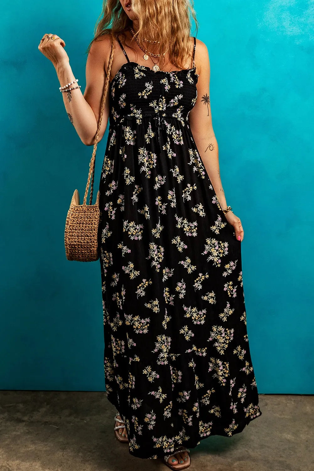 Evangeline Floral Spaghetti Strap Shirred Bodice Tied Empire Waist Max –  Royal + Reese