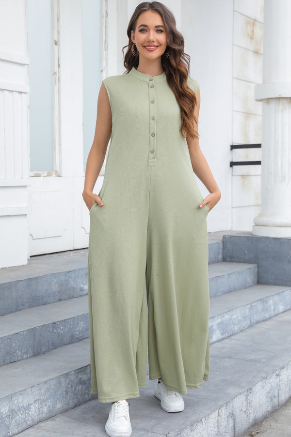 Zayleigh Half Button Wide Leg Jumpsuit with Pockets