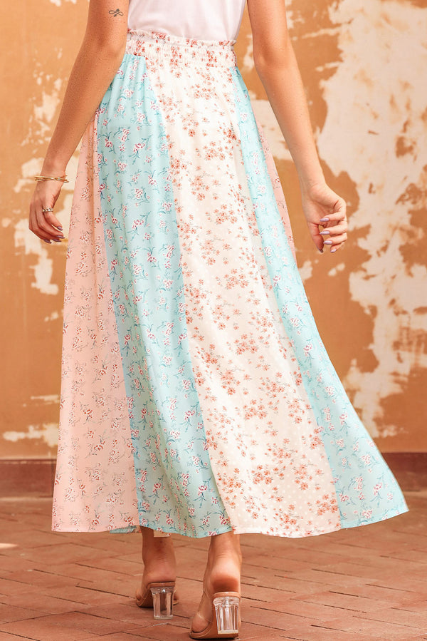 Aila Floral Color Block Smocked Waist Maxi Skirt