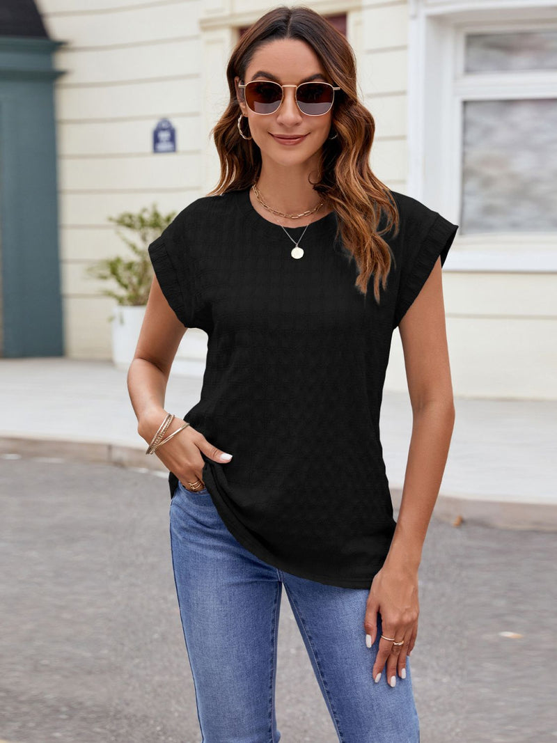 Dilani Textured Round Neck Cap Sleeve T-Shirt- Deal of the Day!