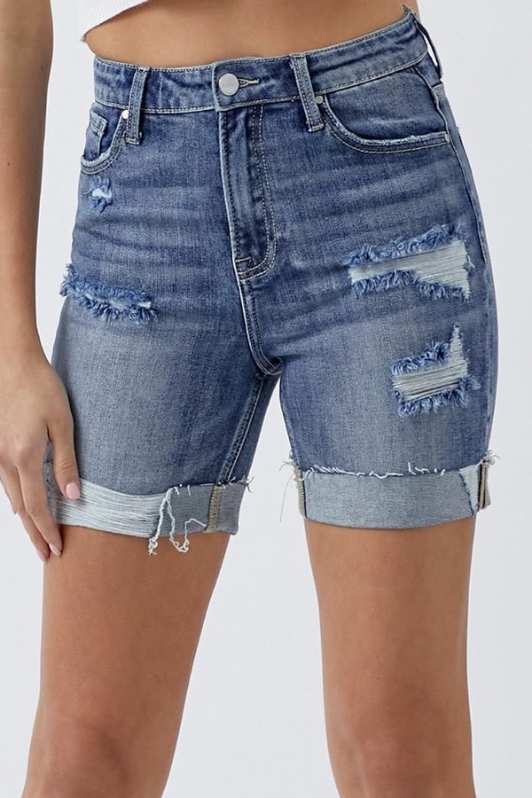 Zaylah Full Size Distressed Rolled Denim Shorts with Pockets