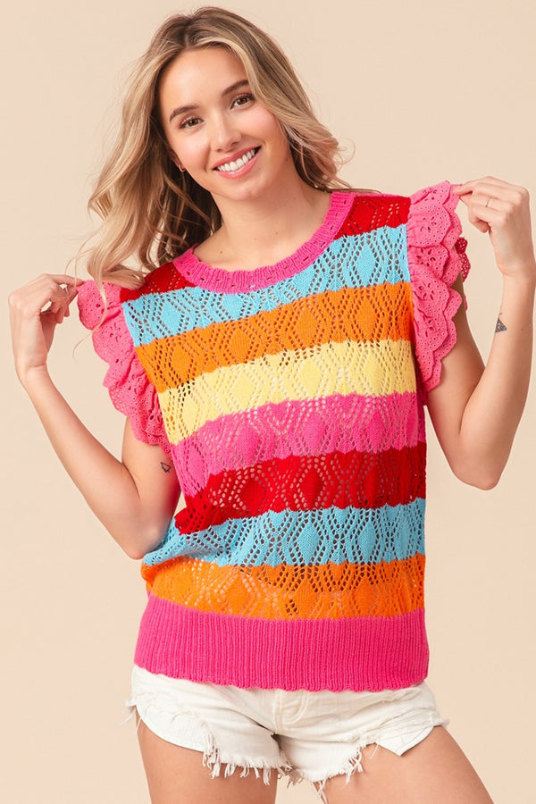 Dina Pointelle Striped Ruffled Knit Top