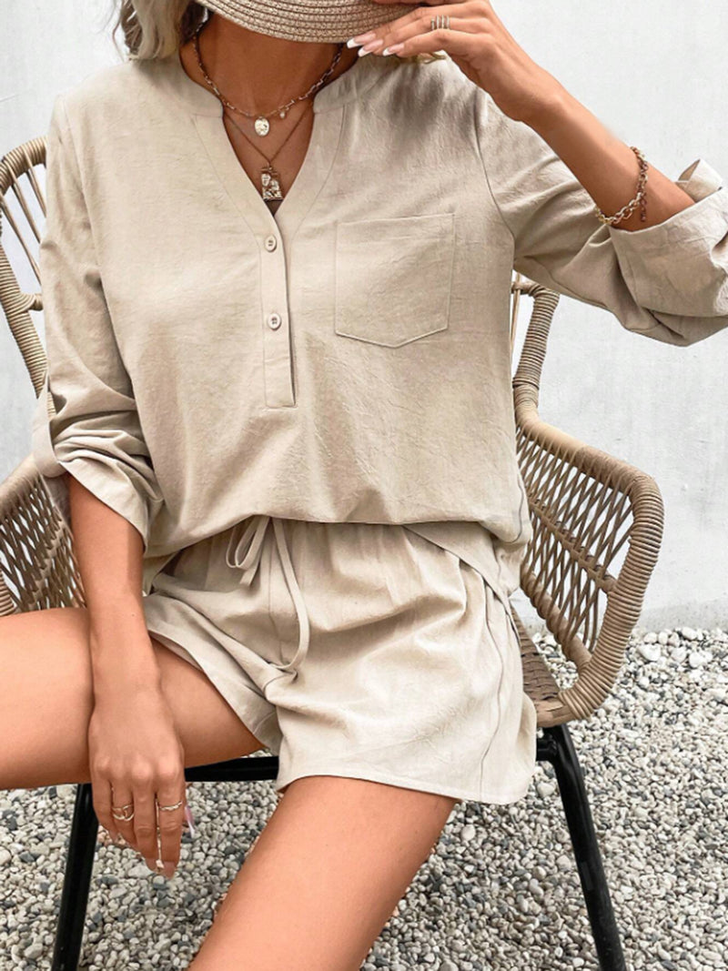 Winifred Notched Long Sleeve Top and Shorts Set