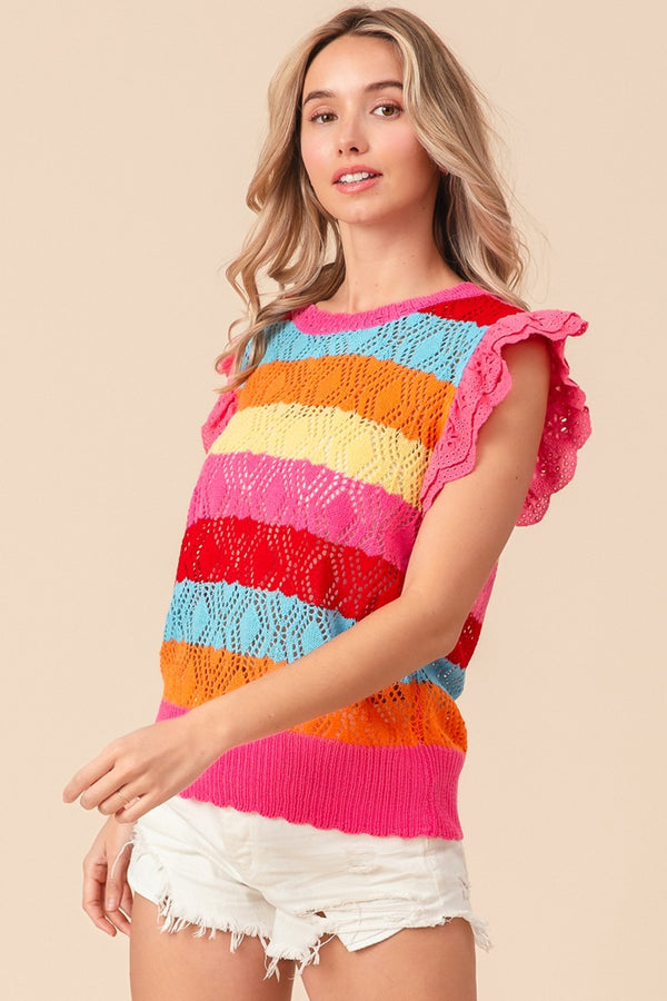 Dina Pointelle Striped Ruffled Knit Top