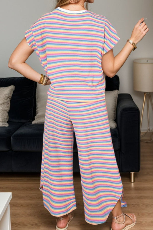 Rowlen Striped Round Neck Top and Drawstring Pants Set