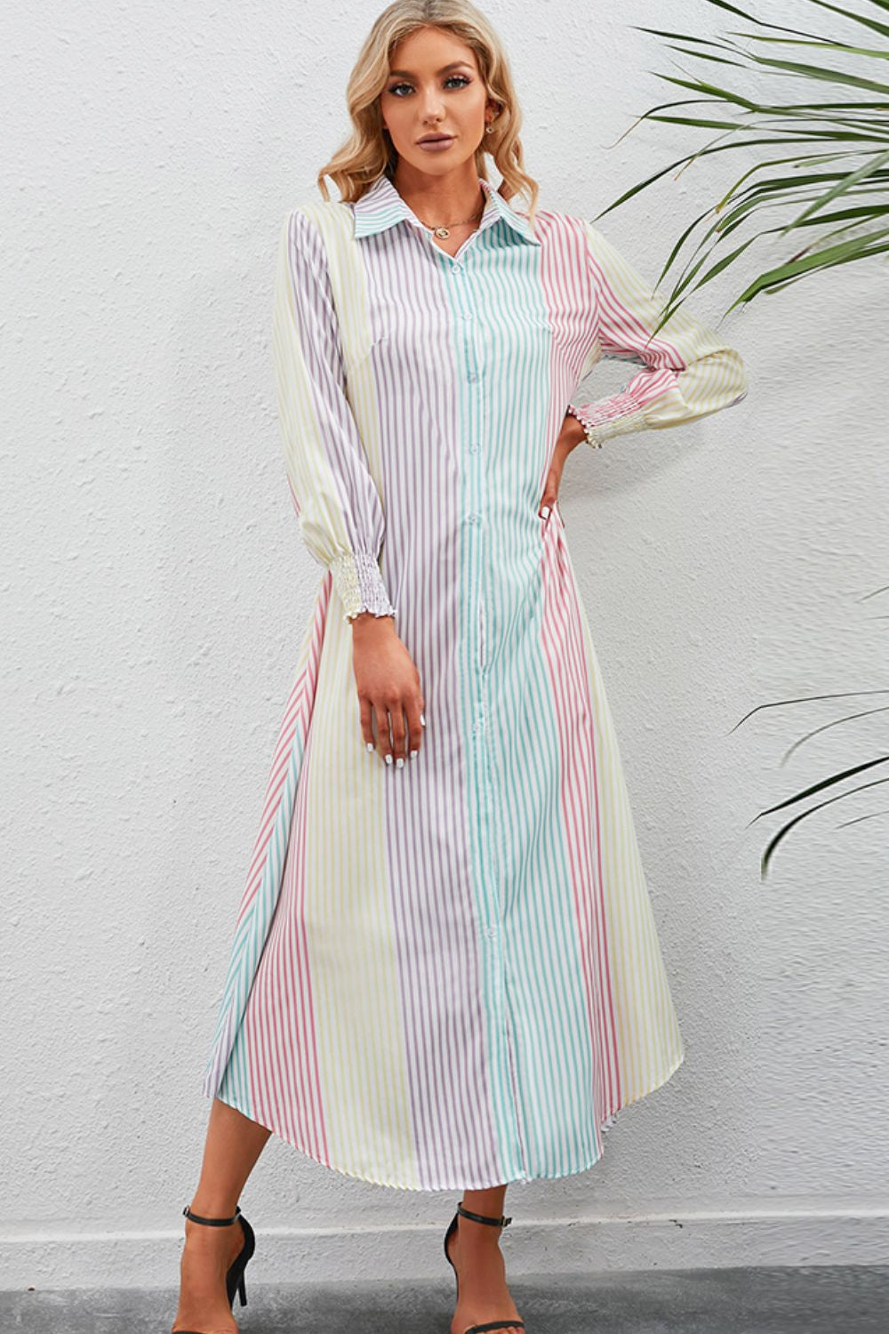 maxi striped shirt dress Addy Rainbow Stripe Button-Up Maxi Shirt Dress