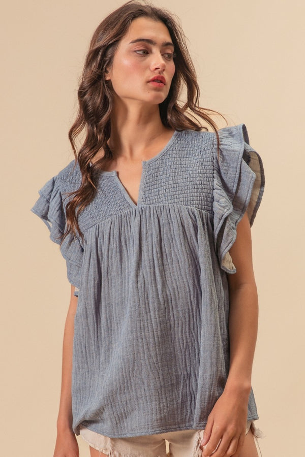 Veda Textured Ruffled Smocked Blouse