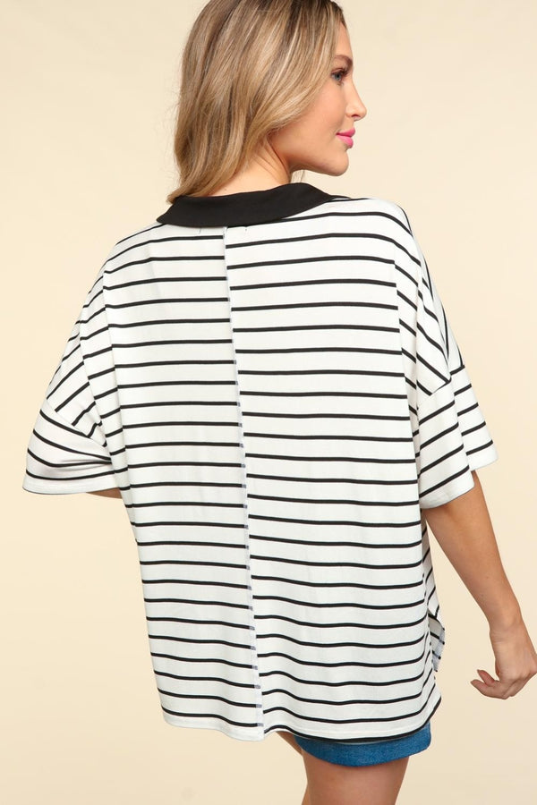 Elia Full Size Striped Dropped Shoulder Half Sleeve T-Shirt
