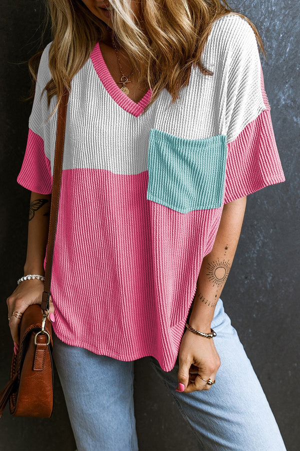 Carlotta Color Block V-Neck Short Sleeve T-Shirt