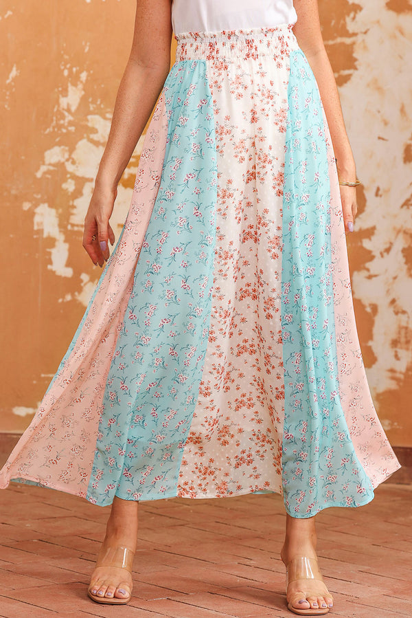 Aila Floral Color Block Smocked Waist Maxi Skirt