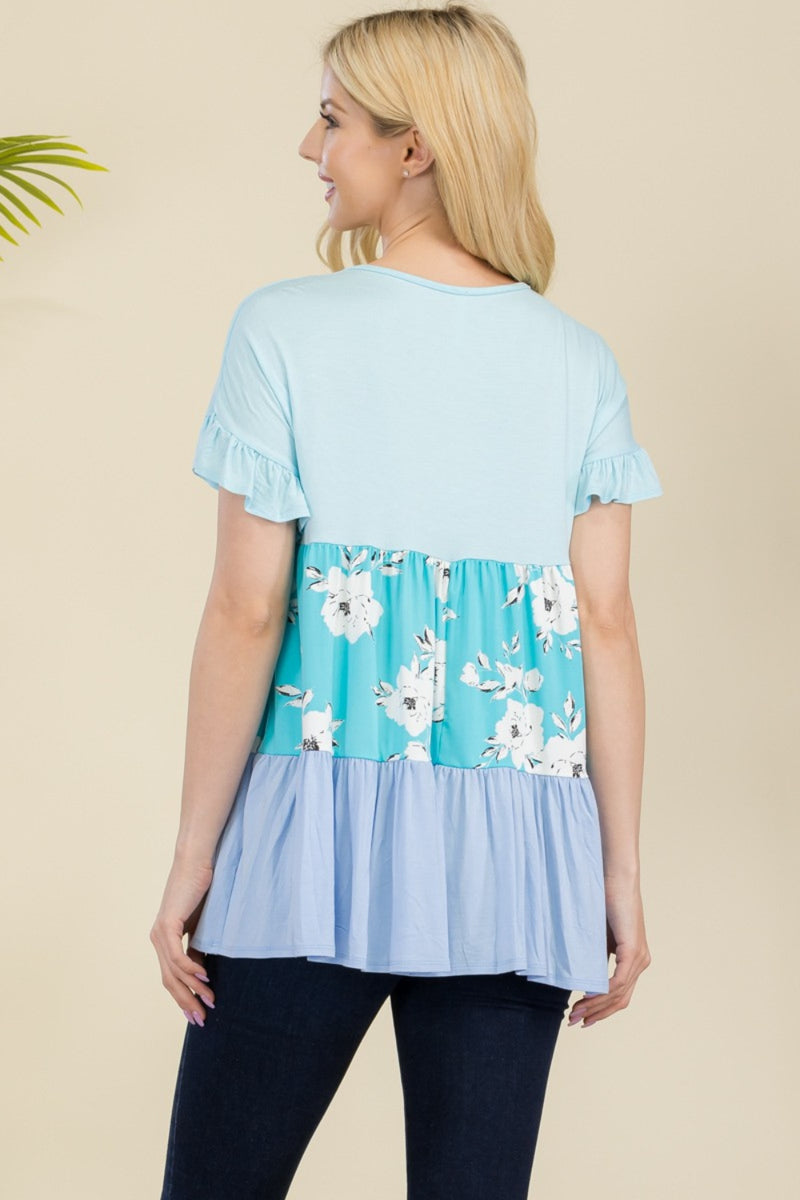 Ryleigh Celeste Full Size Floral Color Block Ruffled Short Sleeve Top