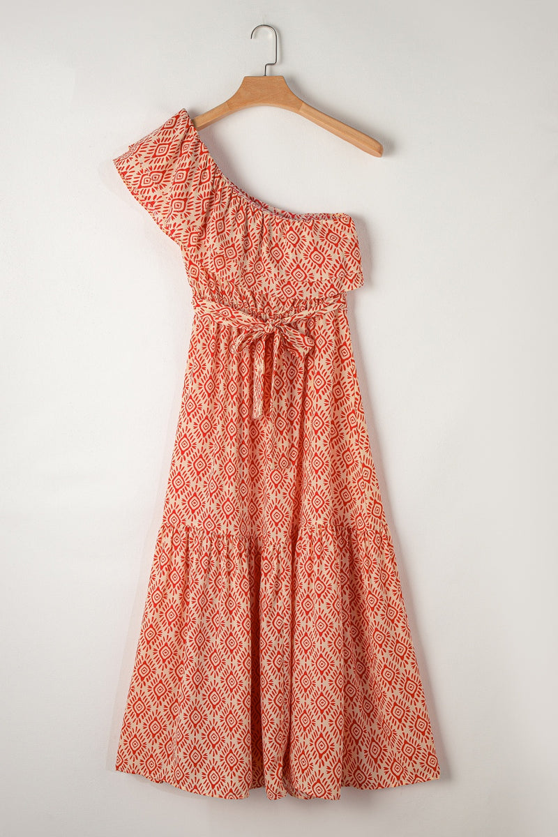 Clementine Slit Printed Single Shoulder Tie Waist Dress