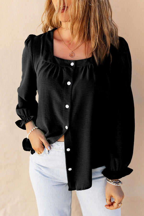 Kendra Button Up Square Neck Long Sleeve Blouse