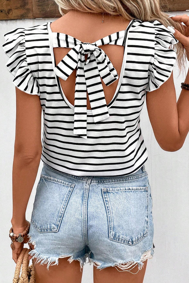 Terry Tied Striped V-Neck Cap Sleeve T-Shirt