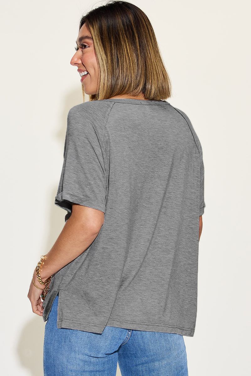 April Basic Bae Full Size Bamboo Slit V-Neck Short Sleeve T-Shirt