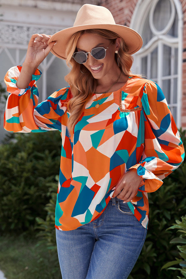 Astrid Abstract Pattern Crewneck Ruffled Puff Sleeve Blouse