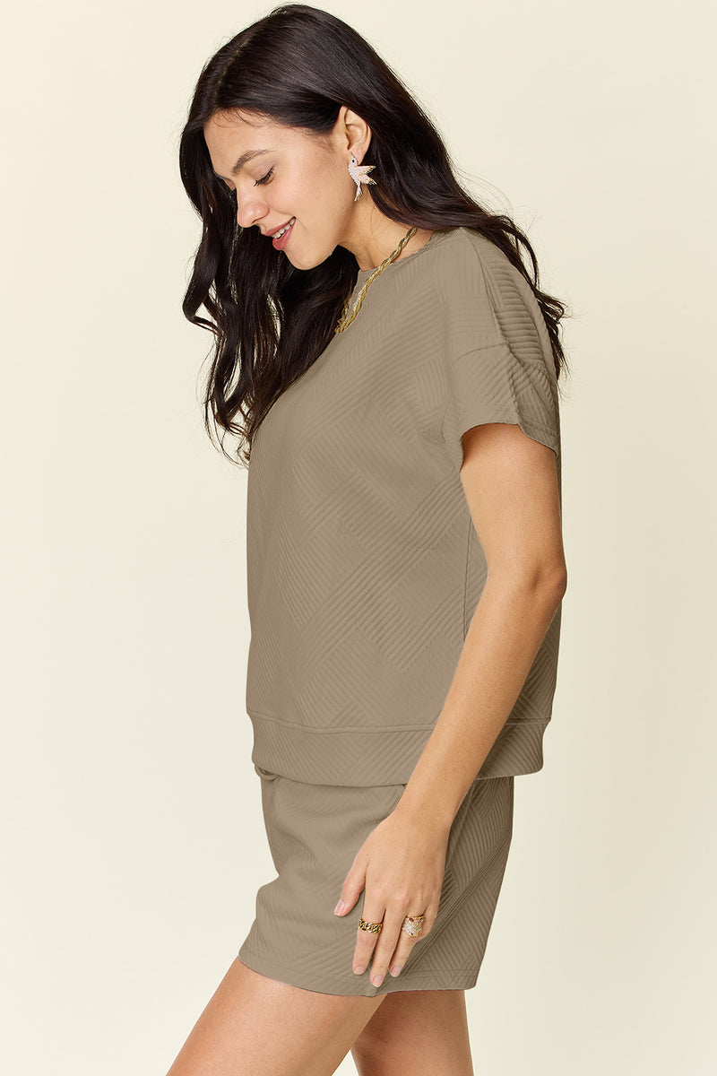 Fiona Full Size Texture Short Sleeve T-Shirt and Drawstring Shorts Set