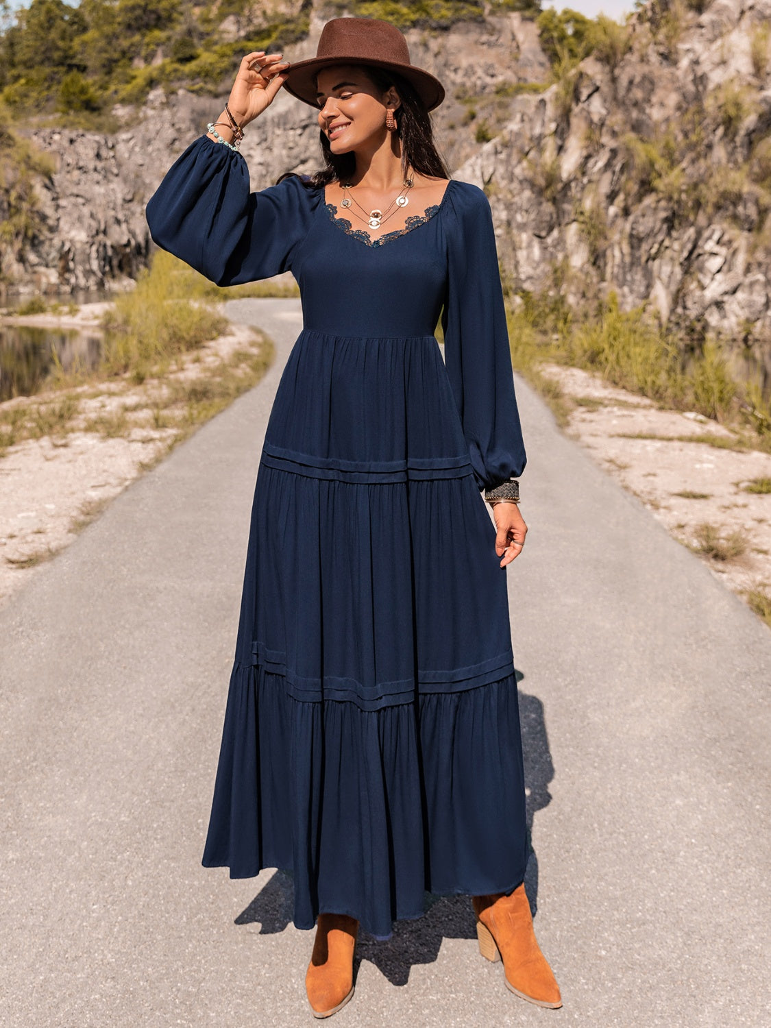 Lucas Long Sleeve Lace Trim Maxi Dress