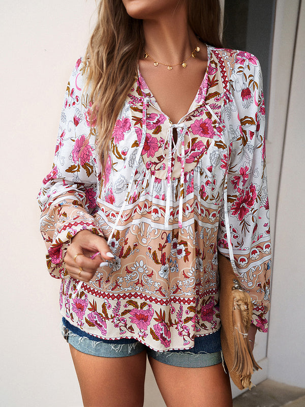 Frenchie Floral Tie Neck Puff Sleeve Blouse