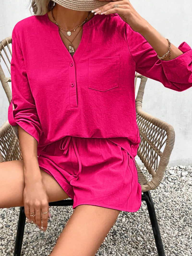 Winifred Notched Long Sleeve Top and Shorts Set