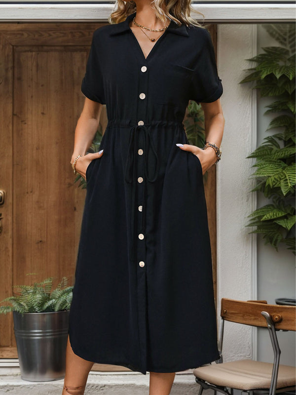Katrina Slit Drawstring Button Up Short Sleeve Midi Dress