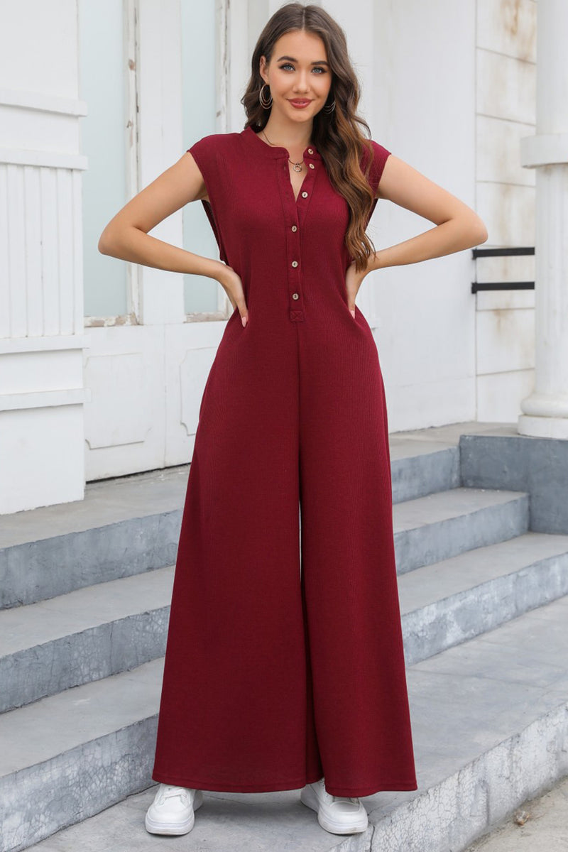 Zayleigh Half Button Wide Leg Jumpsuit with Pockets
