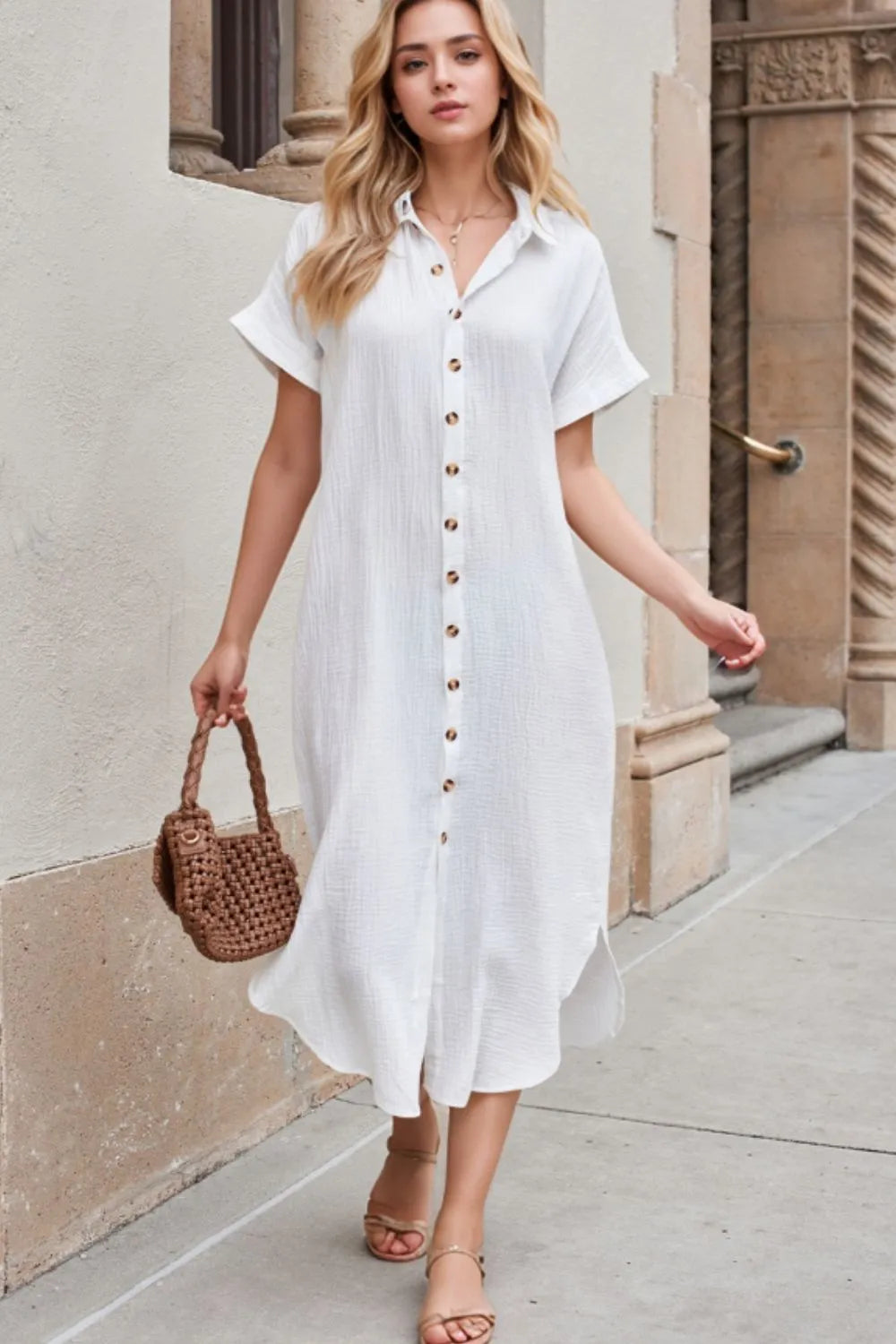 midi women's short sleeve shirt dress Rochelle Button Down Short Sleeve Midi Shirt Dress