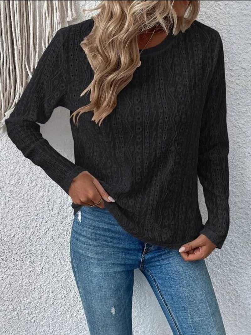 Quinlin Eyelet Round Neck Long Sleeve Blouse - Deal of the Day!