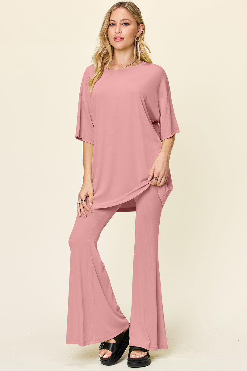 Ames Full Size Round Neck Drop Shoulder T-Shirt and Flare Pants Set