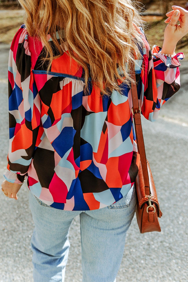 Astrid Abstract Pattern Crewneck Ruffled Puff Sleeve Blouse