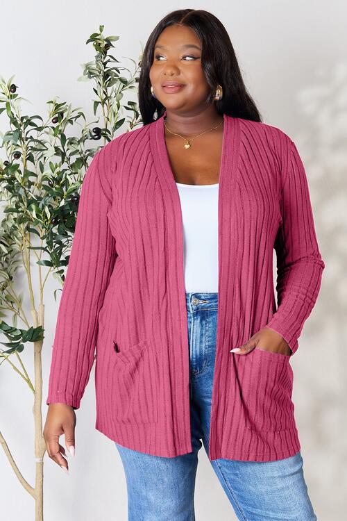 Kira Basic Bae Full Size Ribbed Open Front Cardigan with Pockets