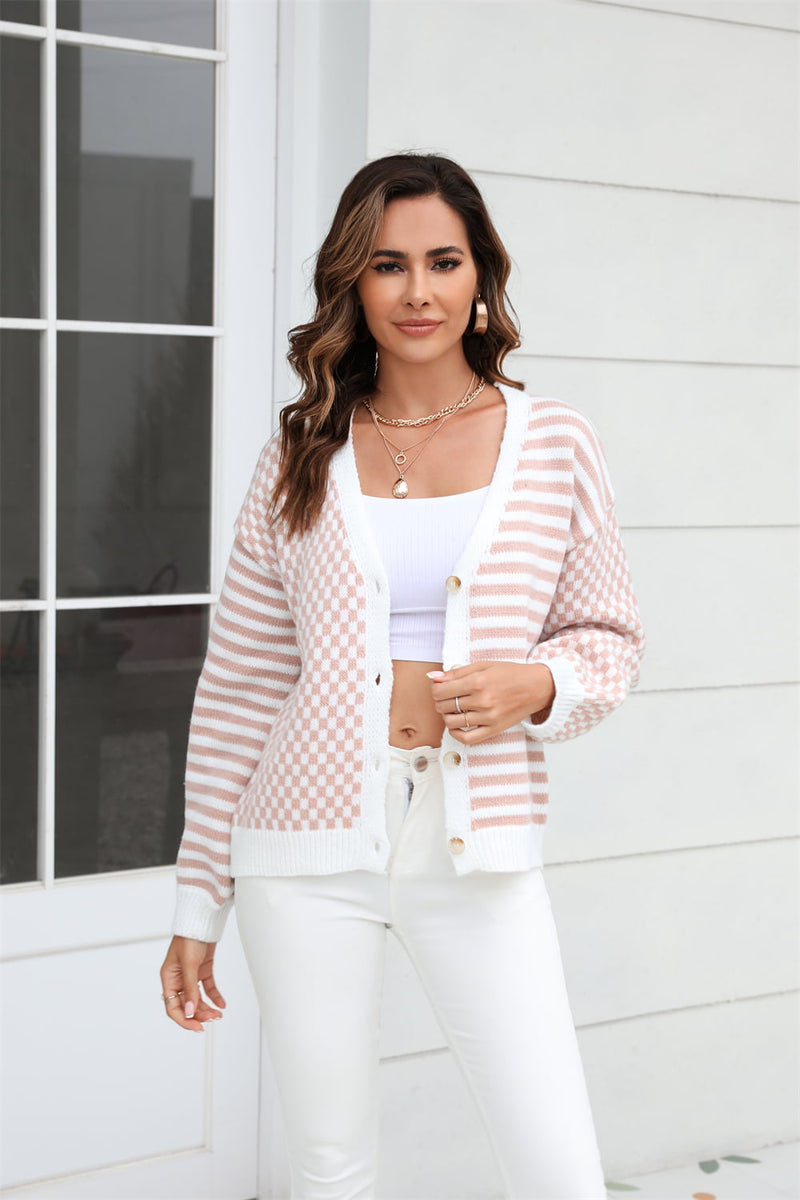 Solis Button-Down Stripe & Plaid Contrast Pattern Cardigan