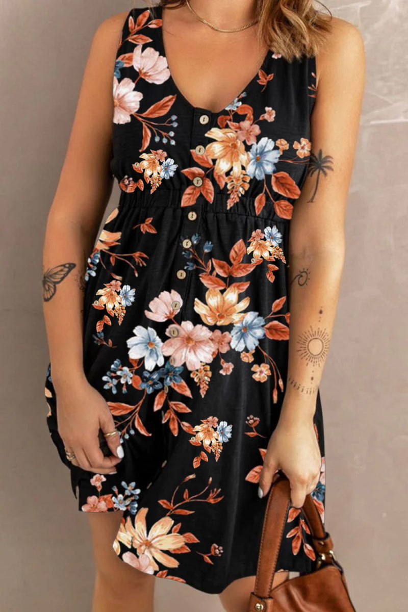 Rosie Printed Scoop Neck Sleeveless Buttoned Magic Dress