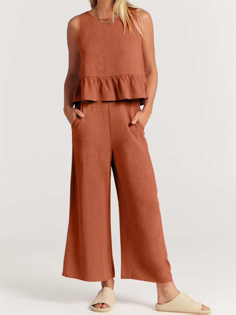 Ryan Full Size Round Neck Top and Wide Leg Pants Set - deal of the day!