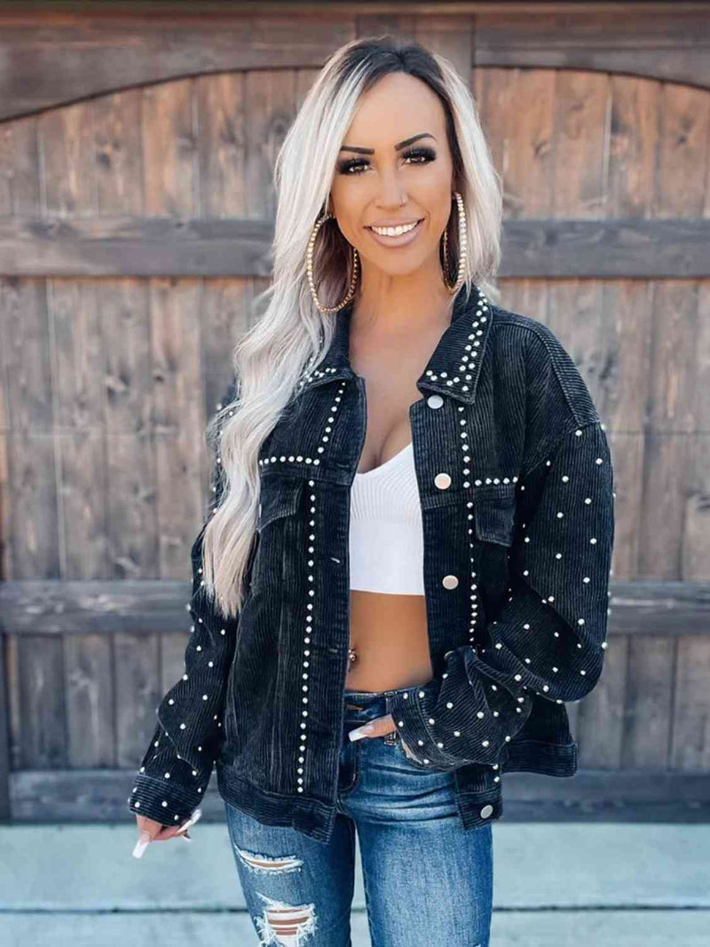 Daphne Studded Collared Neck Button Down Jacket