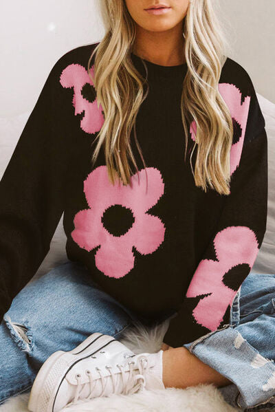 Alice Round Neck Floral Pattern Color Contrast  Design Long Sleeve Sweater