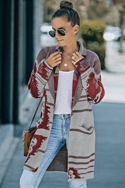 Kathy Geometric Open Front Pocketed Cardigan