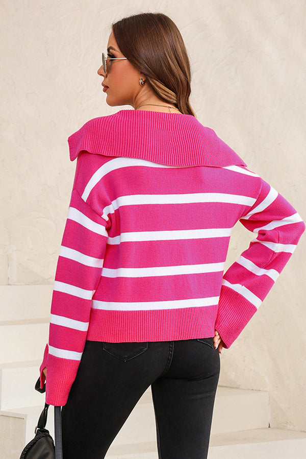 Thea Striped Collared Neck Slit Sweater