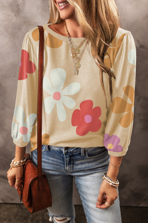 Holly Flower Round Neck Long Sleeve Blouse