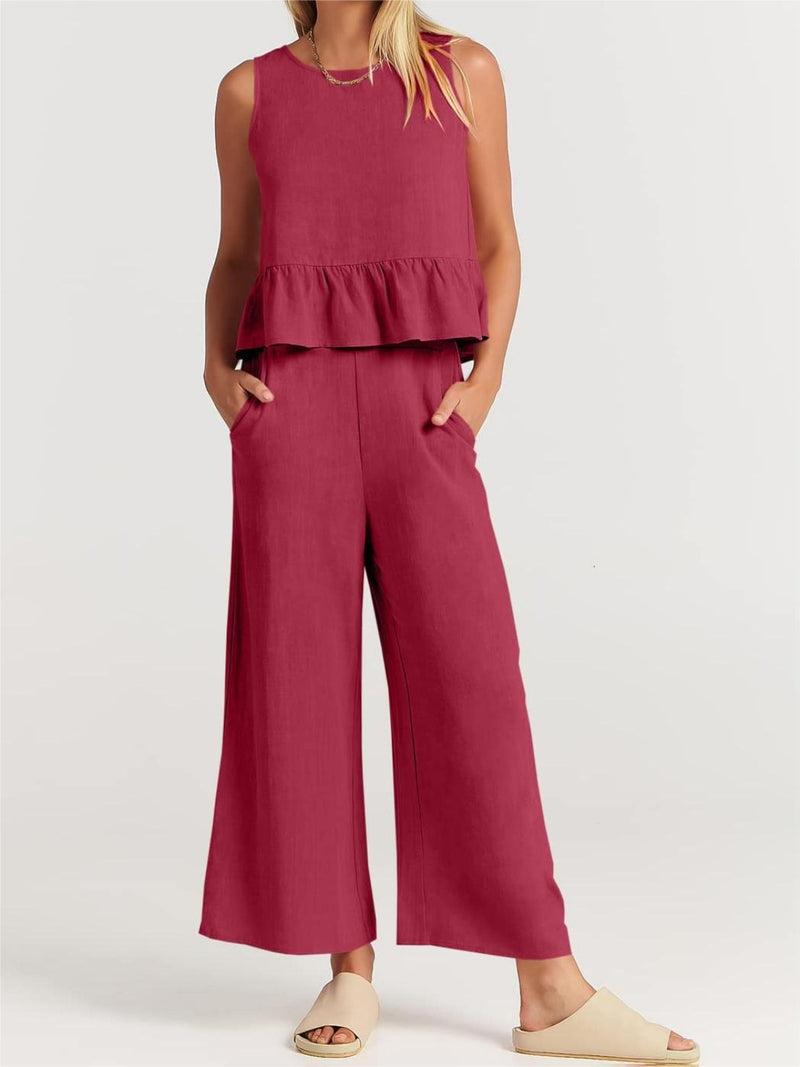 Ryan Full Size Round Neck Top and Wide Leg Pants Set - deal of the day!