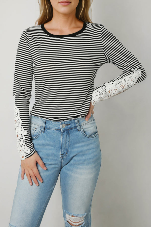 Cara Striped Round Neck Long Sleeve Lace Trim T-Shirt