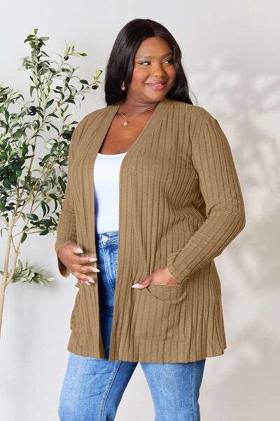 Kira Basic Bae Full Size Ribbed Open Front Cardigan with Pockets
