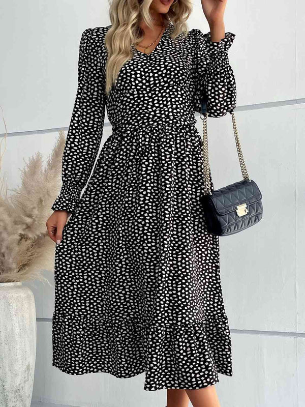 Lakelyn Printed Flounce Sleeve V-Neck Midi Dress