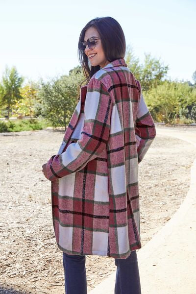 Kelce Double Take Full Size Plaid Button Up Lapel Collar Coat