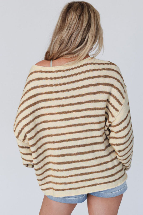 Teddy Boat Neck Long Sleeve Striped Sweater