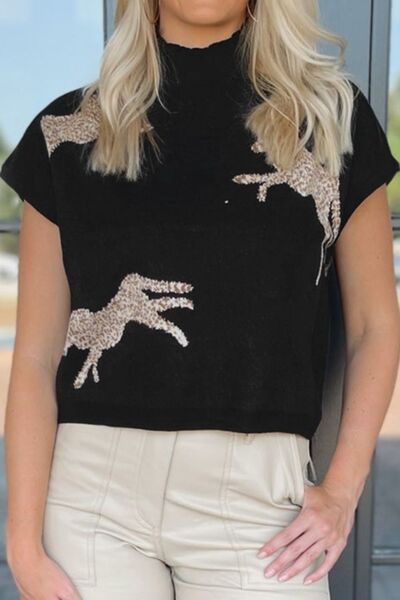 Baylor Animal Graphic Mock Neck Cap Sleeve Sweater