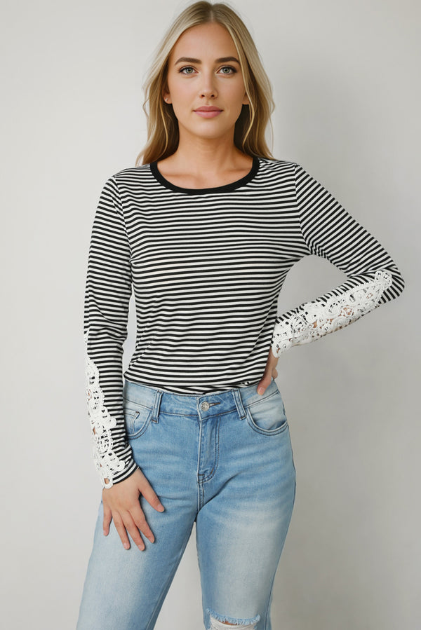 Cara Striped Round Neck Long Sleeve Lace Trim T-Shirt