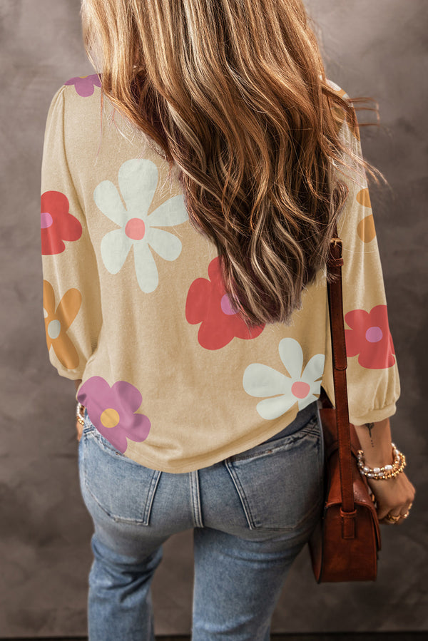 Holly Flower Round Neck Long Sleeve Blouse