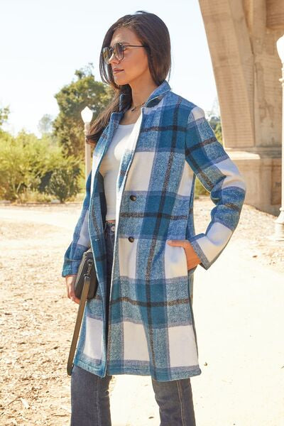 Kelce Double Take Full Size Plaid Button Up Lapel Collar Coat