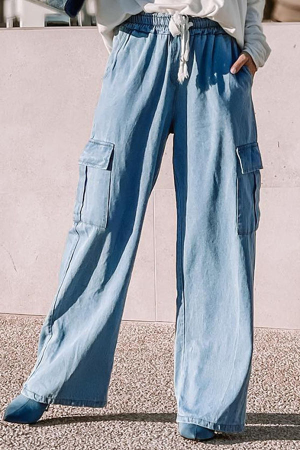 Noria Drawstring Wide Leg Jeans with Pockets